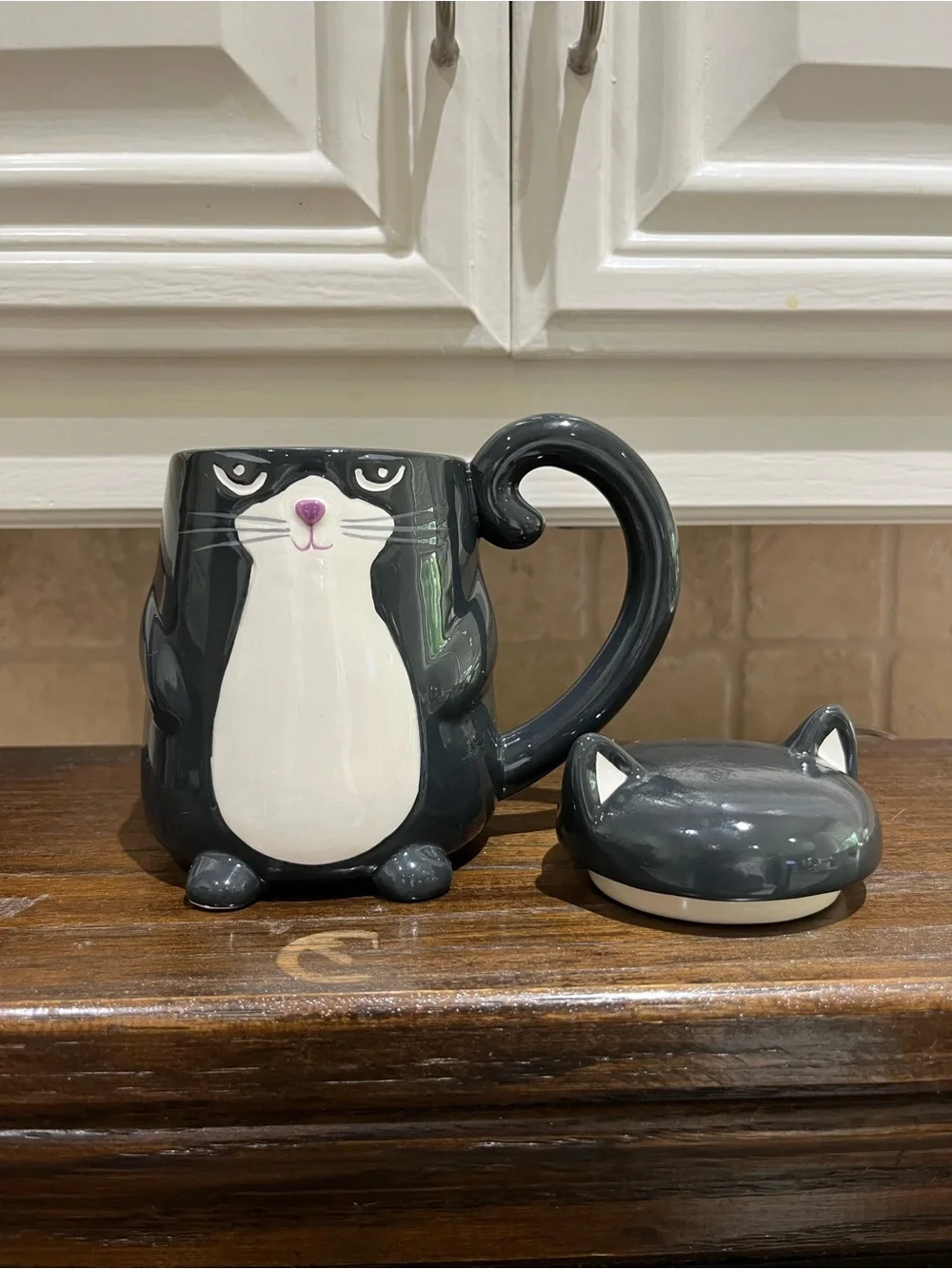 Ceramic Black & White Grumpy Cat Mug with Lid - Cute Pet Design